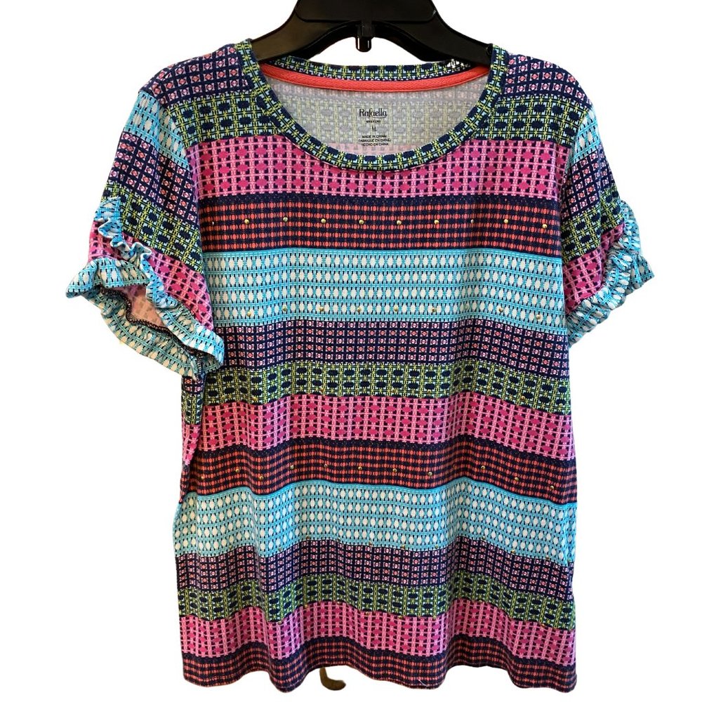 RAFAELLA WEEKEND WOMEN'S SHORT SLEEVE RUFFLE MULTI-COLOR SHIRT SIZE MEDIUM